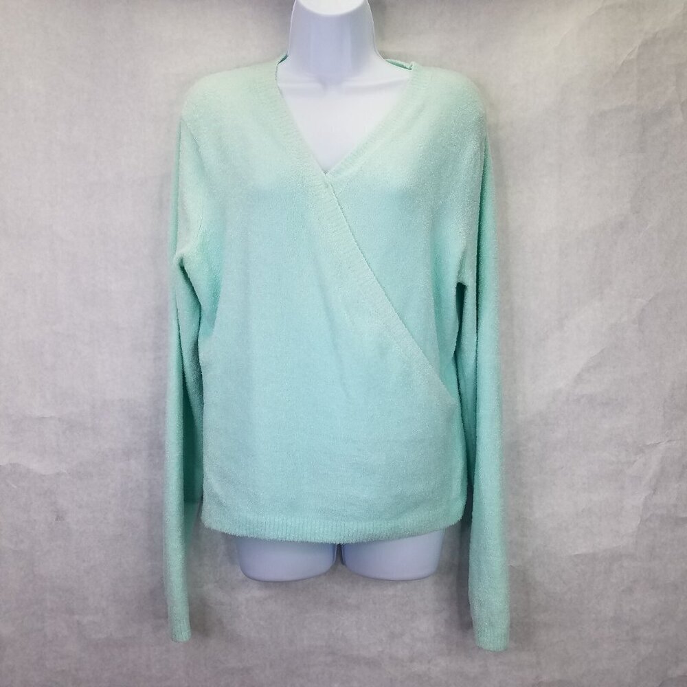 Lily Stanhope Ballet Sweater Women's L Green Cross Front Eyelash Knit Romantic